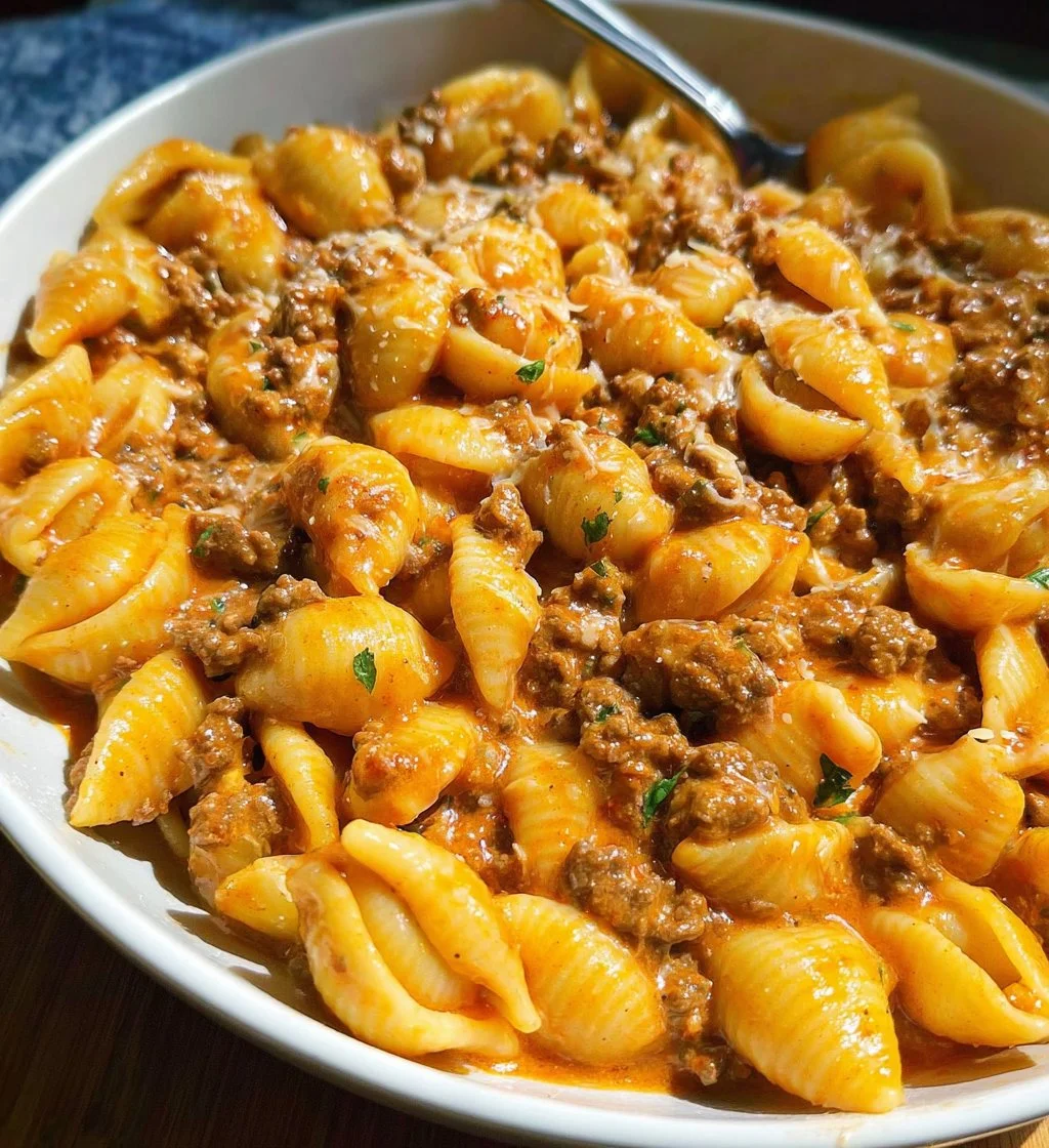 Creamy beef and shells pasta dish with herbs and cheese