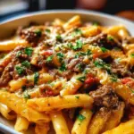 Creamy beef pasta dish garnished with herbs and served in a bowl.