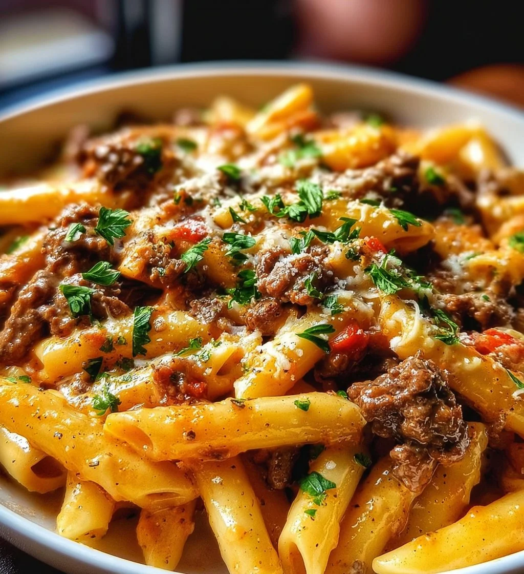 Creamy beef pasta dish garnished with herbs and served in a bowl.