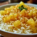 Bowl of creamy coconut pineapple rice garnished with fresh pineapple and coconut flakes
