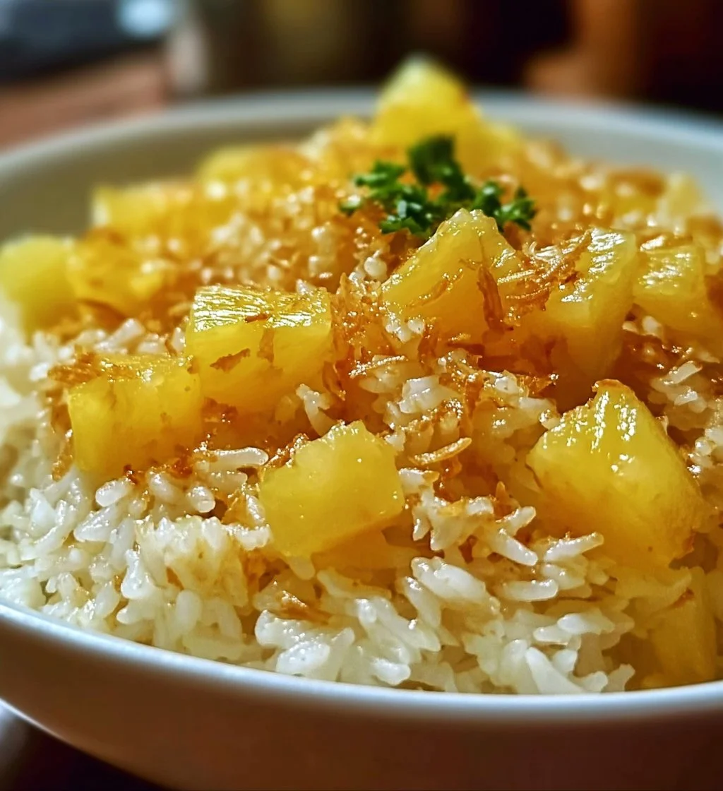 Bowl of creamy coconut pineapple rice garnished with fresh pineapple and coconut flakes