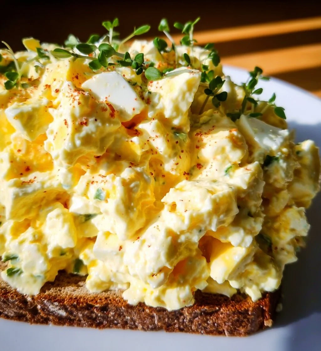 Creamy cottage cheese egg salad in a bowl with herbs and spices