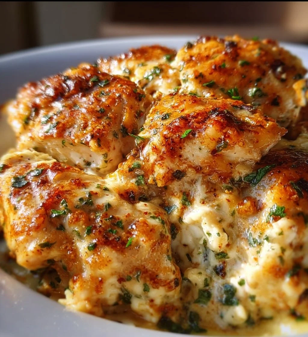 Creamy high-protein cottage cheese chicken bake dish plated and ready to serve.