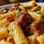 Creamy Italian sausage rigatoni pasta served in a bowl with herbs