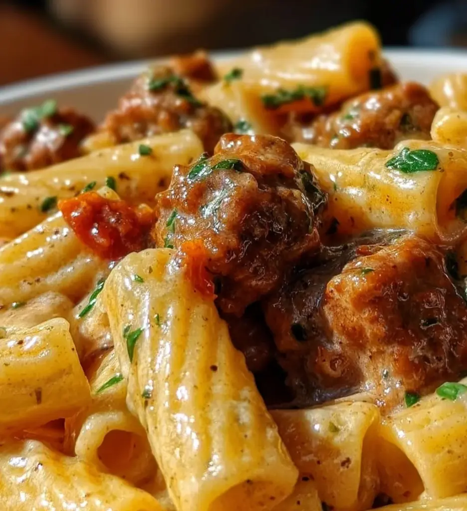 Creamy Italian sausage rigatoni pasta served in a bowl with herbs