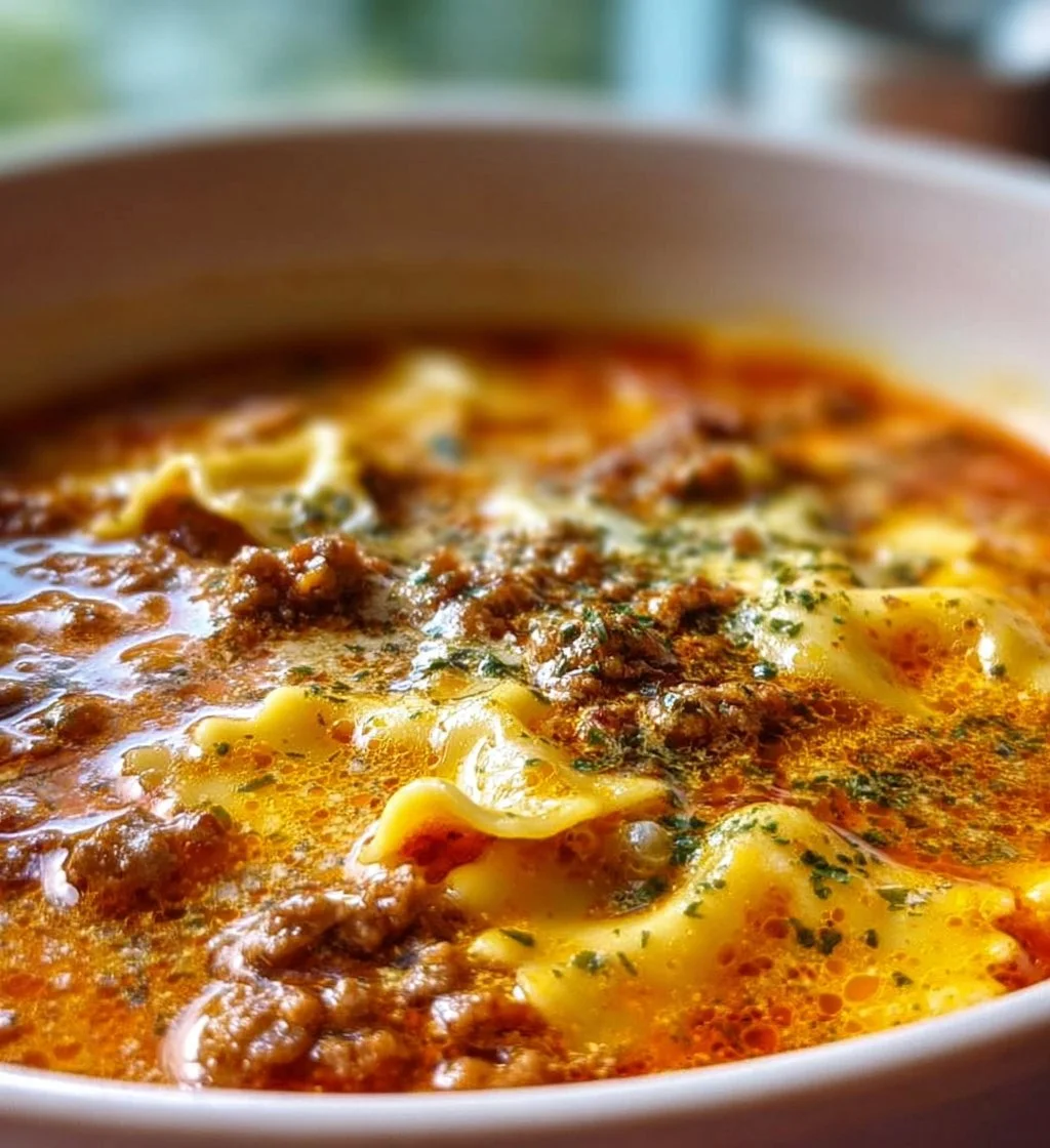 Creamy lasagna soup with sausage and ground beef served in a bowl.