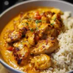 Creamy peri peri chicken served with rice, a flavorful and spicy dish.