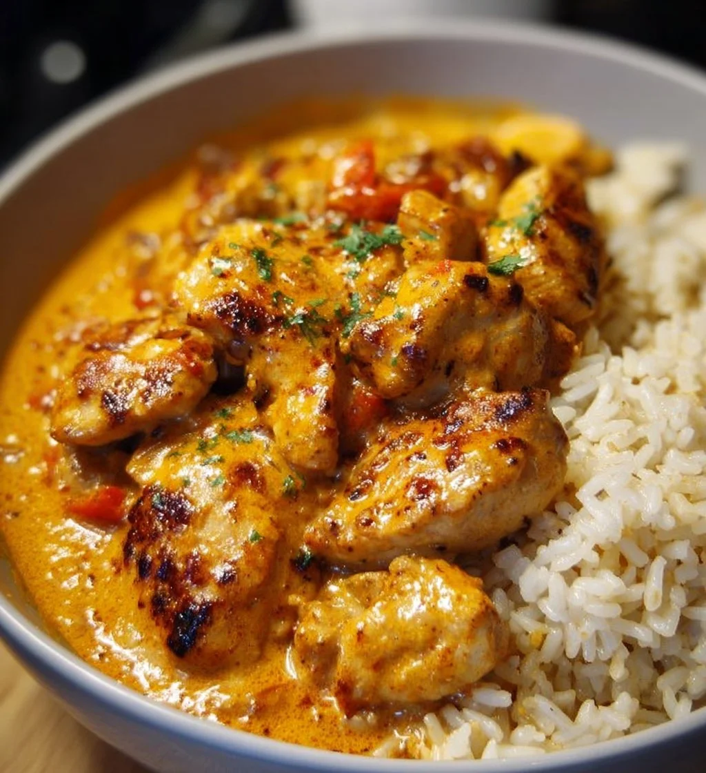 Creamy peri peri chicken served with rice, a flavorful and spicy dish.