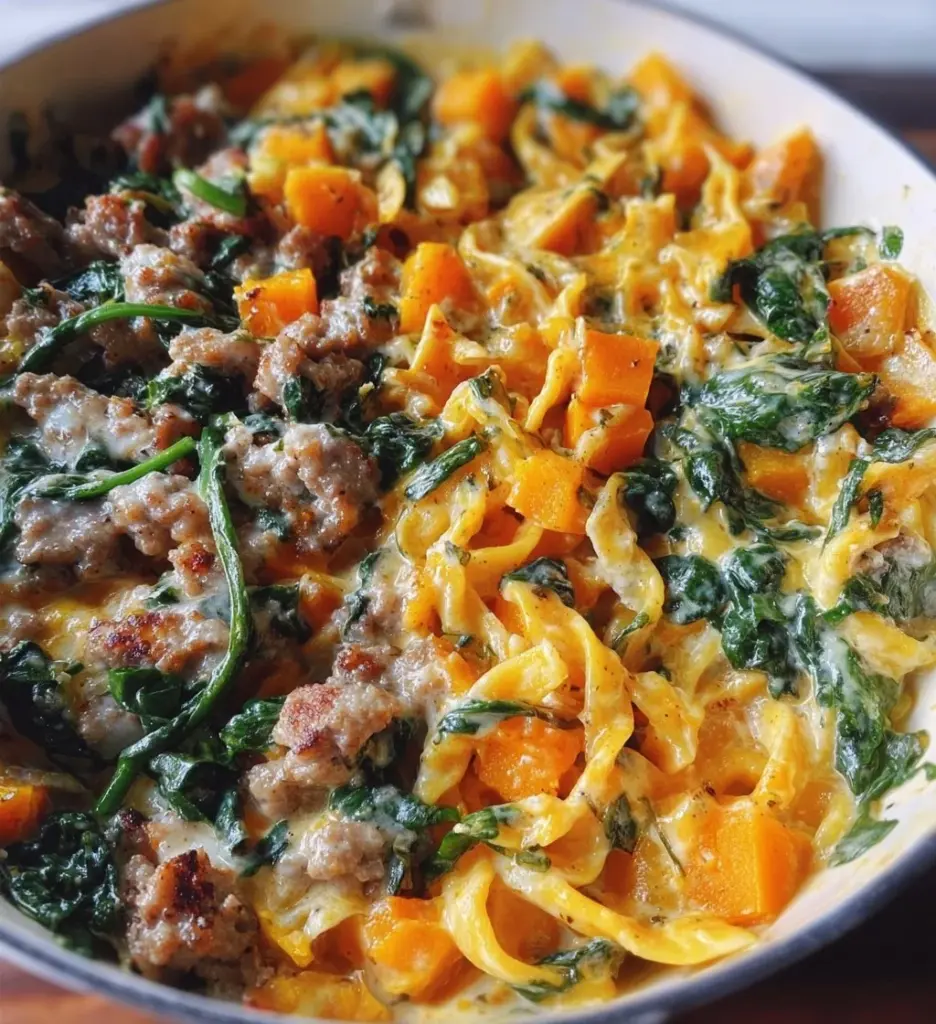 Creamy roasted butternut squash pasta with sausage and spinach garnished with herbs