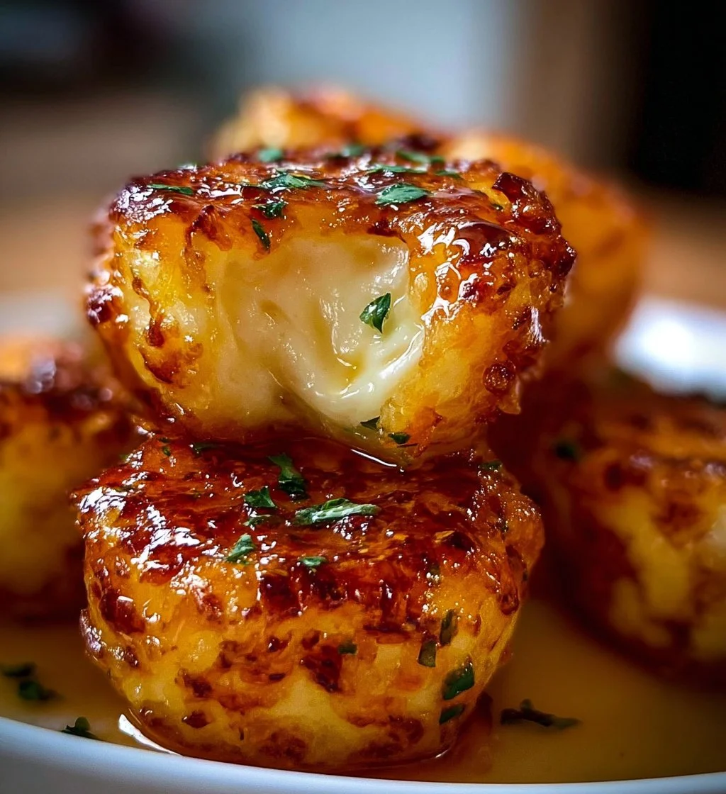 Crispy cheesy mashed potato bites topped with herbs and served with dipping sauce