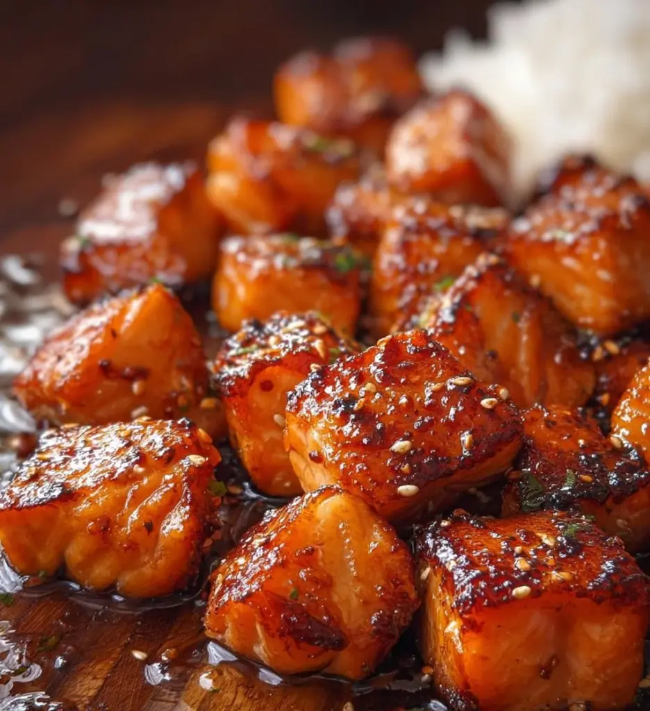 Crispy honey garlic salmon bites served on a plate with herbs and spices.