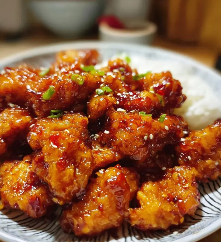 Crispy sweet chilli chicken served with a side of vegetables and sauce.