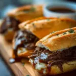 Crockpot French dip sandwiches served with au jus for dipping