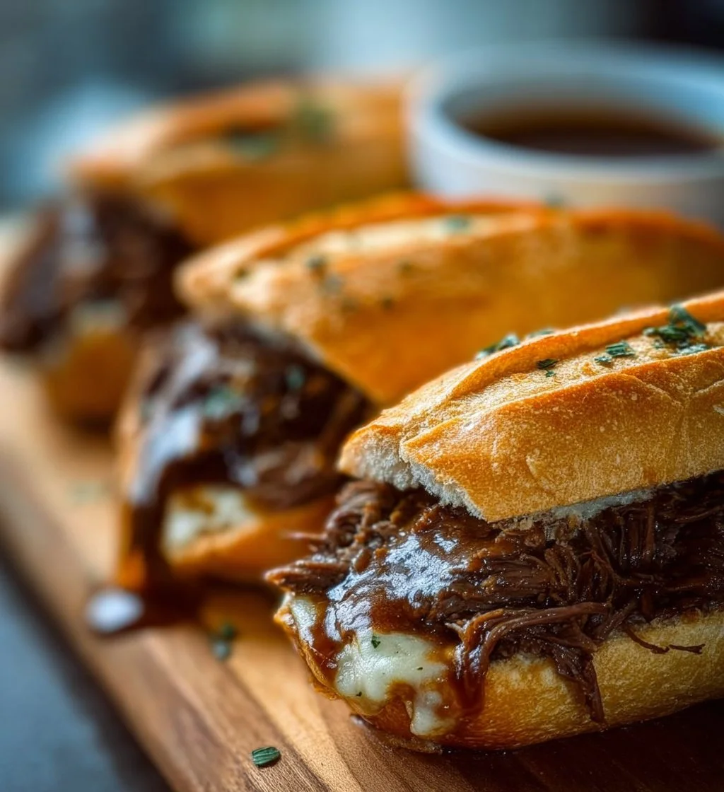 Crockpot French dip sandwiches served with au jus for dipping