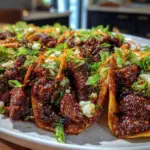 Delicious Crockpot Korean Beef Tacos with toppings on a plate