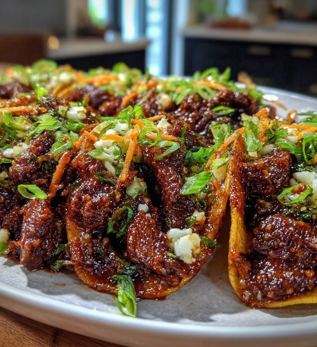 Delicious Crockpot Korean Beef Tacos with toppings on a plate