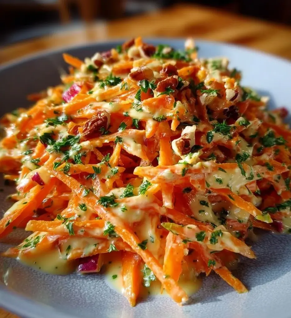 Crunchy apple carrot salad with creamy citrus dressing in a bowl