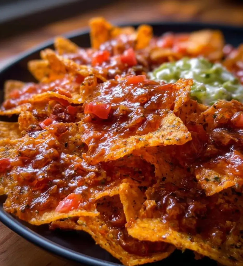 Deliciously crunchy nachos topped with cheese and fresh ingredients