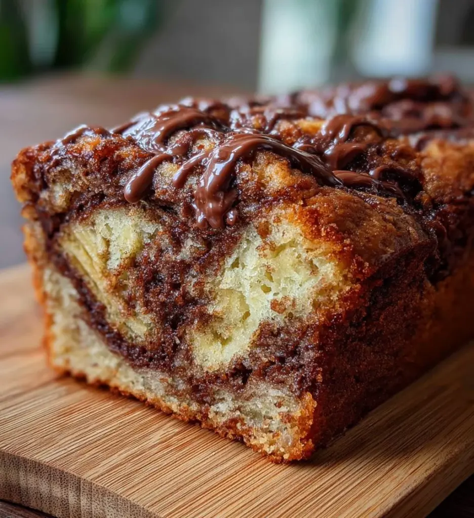 Decadent Nutella Swirl Banana Bread with chocolate and banana slices
