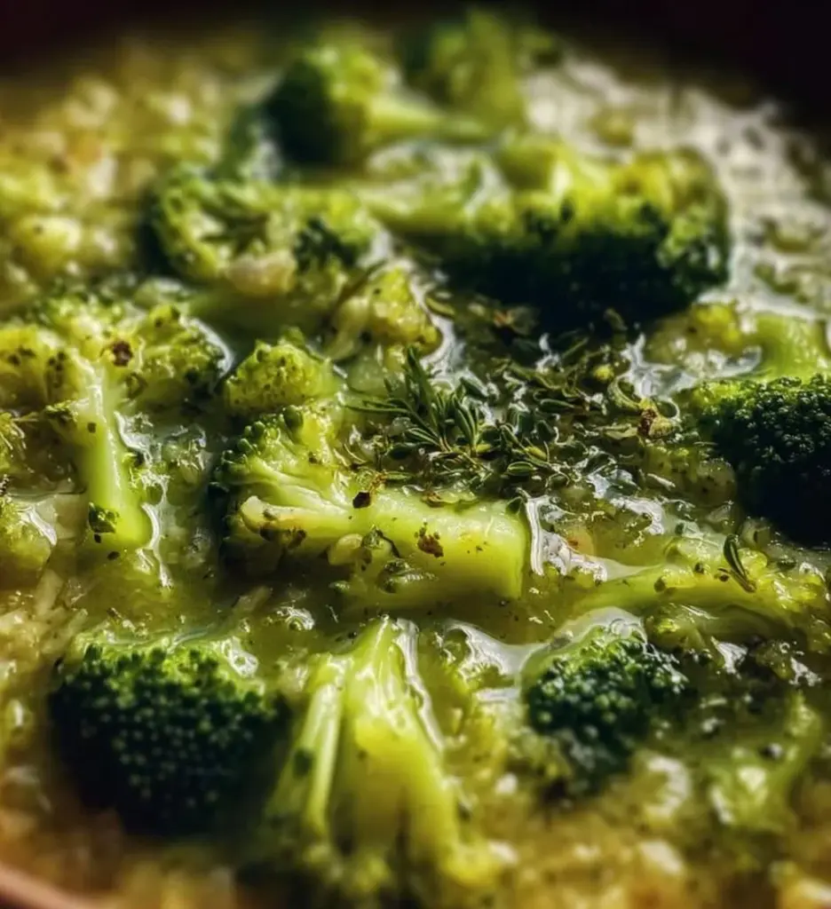 Bowl of easy Italian Garlic Broccoli Soup garnished with herbs