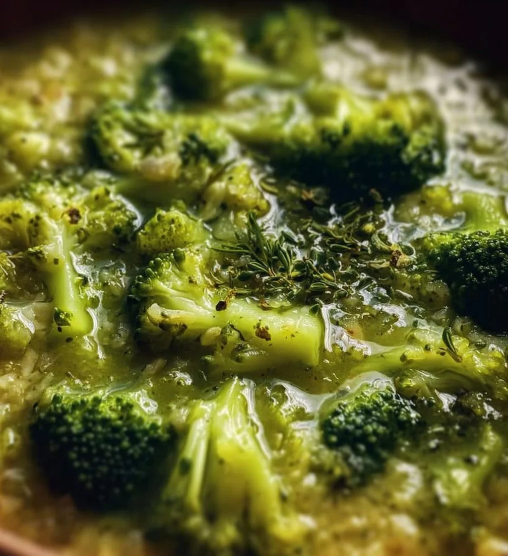 Bowl of easy Italian Garlic Broccoli Soup garnished with herbs