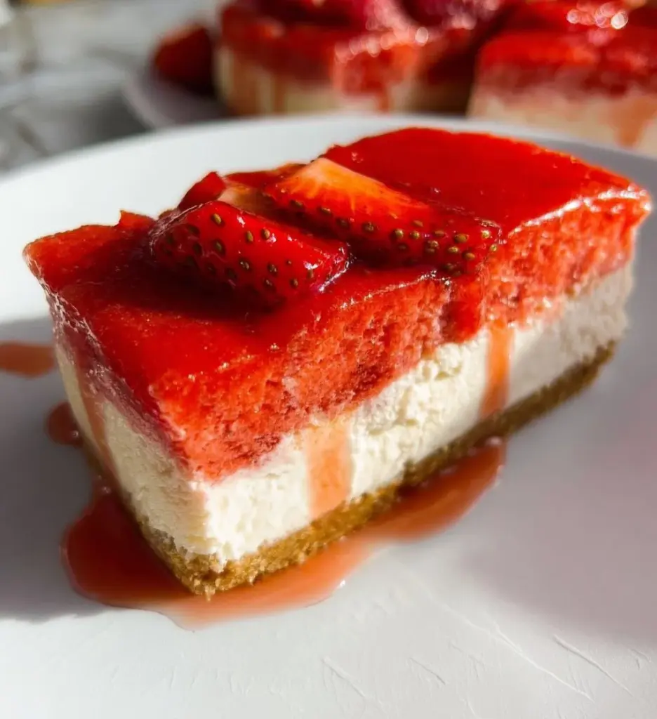 Easy vegan strawberry cheesecake topped with fresh strawberries.