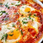 A vibrant dish of Eggs in Purgatory with poached eggs in spicy tomato sauce