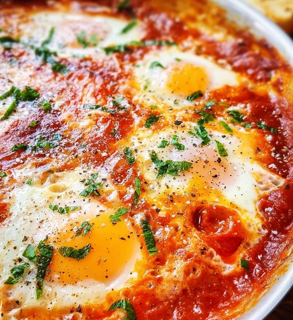 A vibrant dish of Eggs in Purgatory with poached eggs in spicy tomato sauce