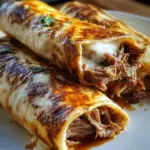 French Dip Tortilla Roll Ups plated with dipping sauce
