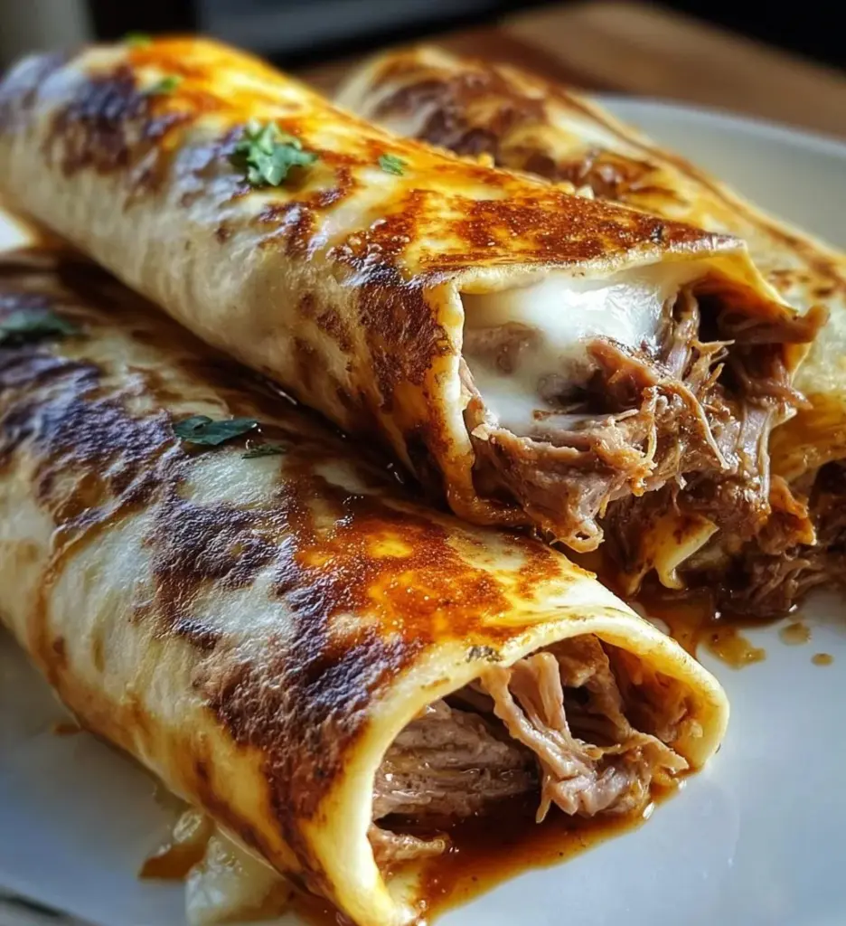 French Dip Tortilla Roll Ups plated with dipping sauce