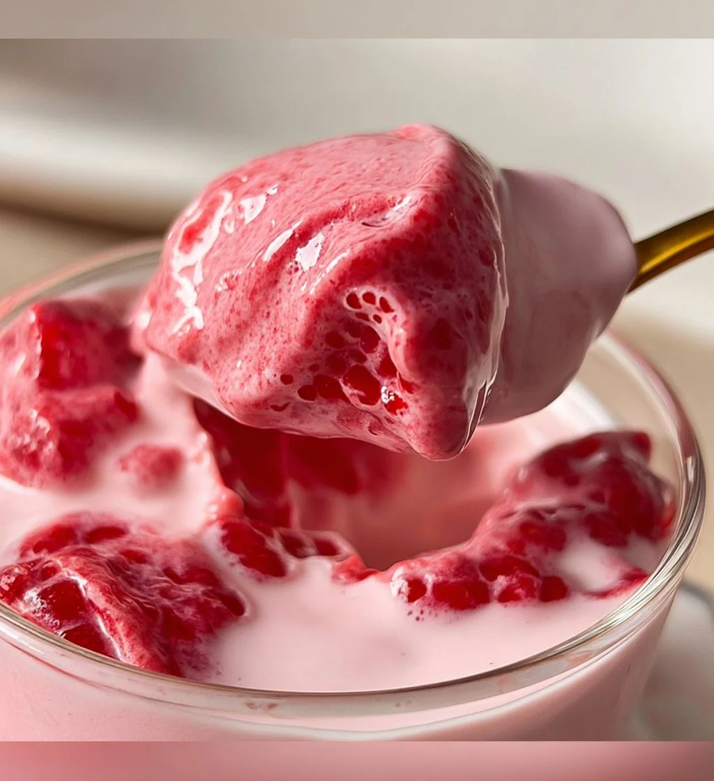 Delicious fresh raspberry cloud mousse topped with berries and mint.