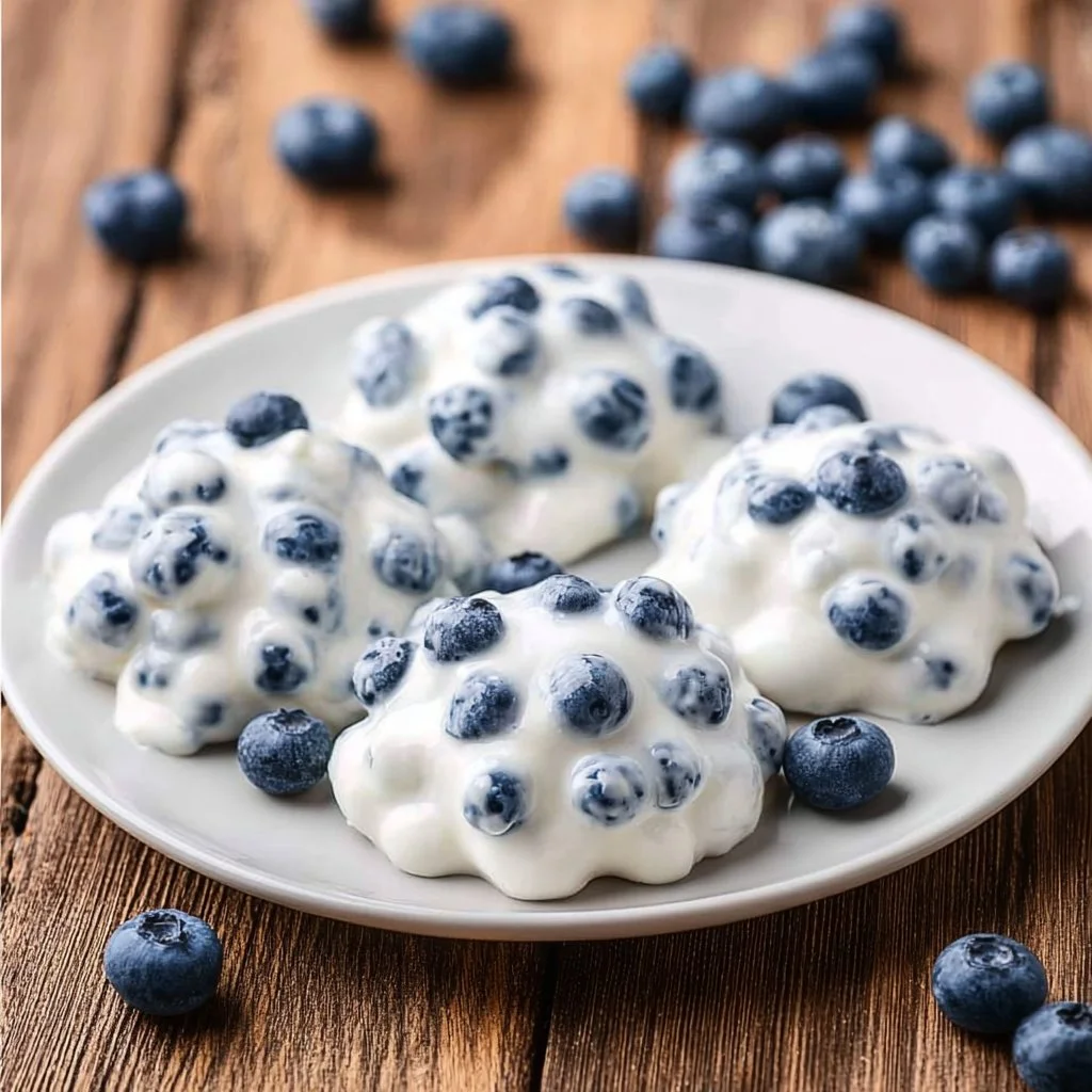Frozen blueberry Greek yogurt clusters in a bowl, a healthy snack option.