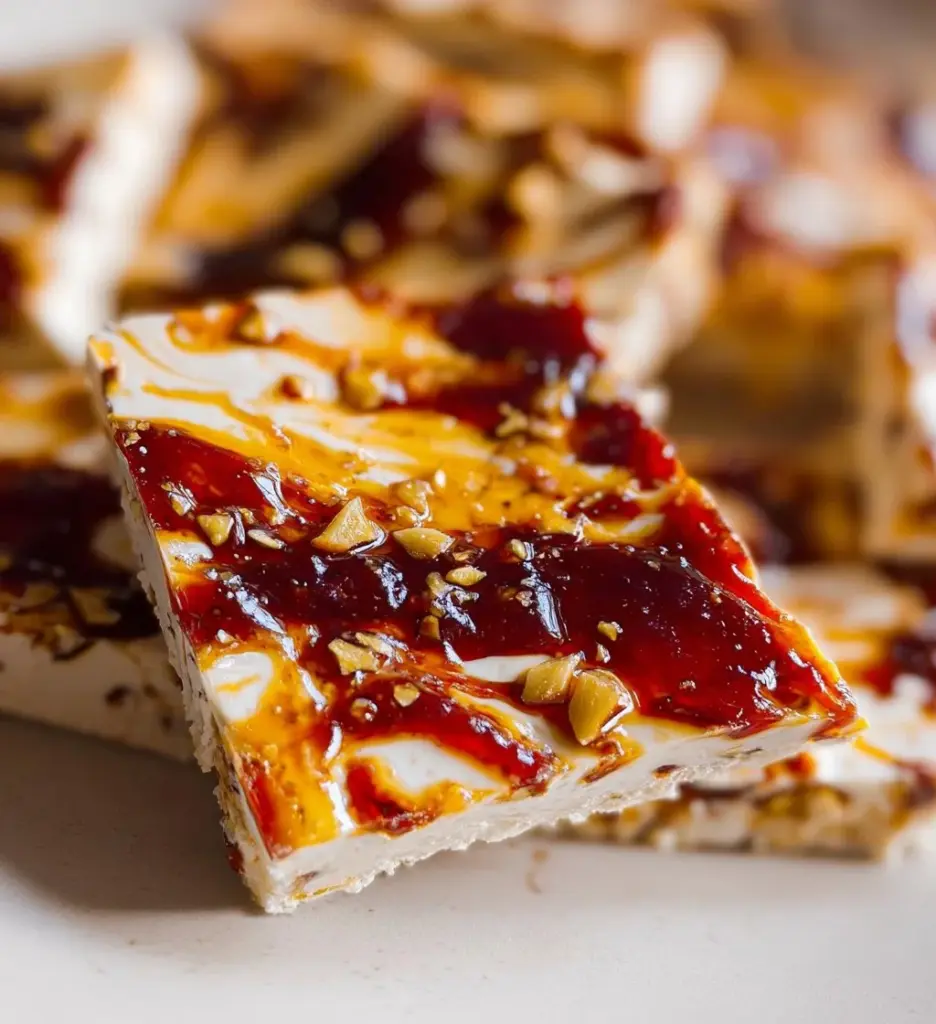 Frozen Cottage Cheese Bark with fruits and nuts on a plate