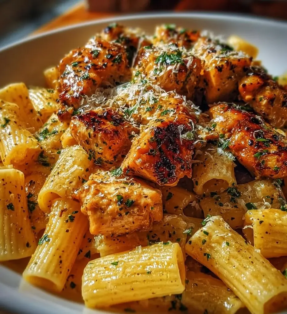 Delicious Garlic Butter Chicken with Rigatoni and freshly grated Parmesan