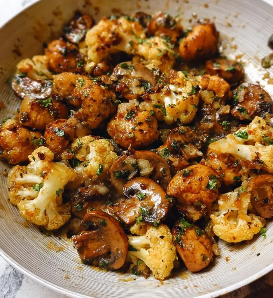 Garlic Butter Mushrooms in a Cauliflower Skillet
