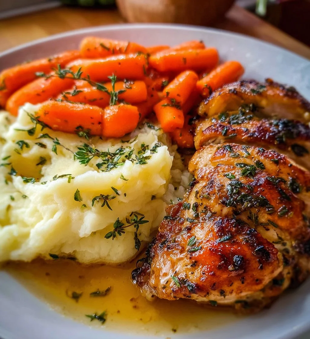 Delicious Garlic Herb Chicken accompanied by creamy mashed potatoes and glazed carrots.