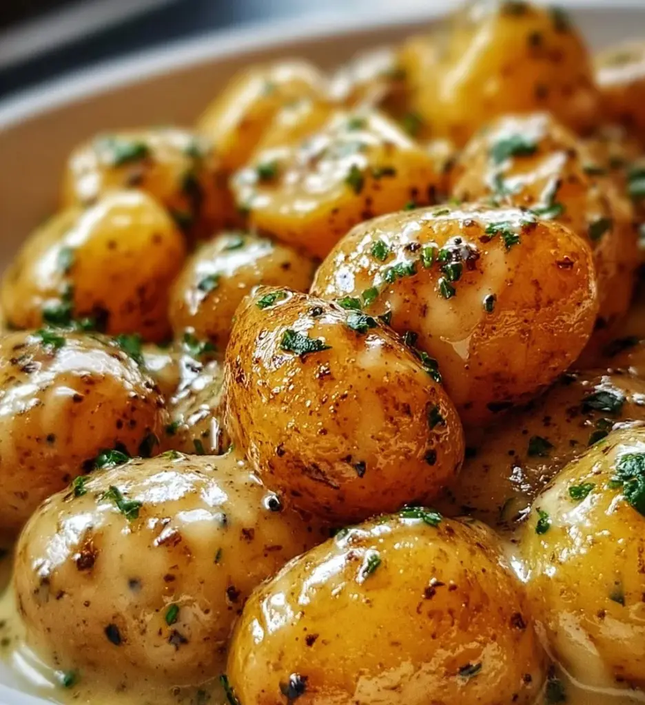 Delicious garlic sauce drizzled over roasted baby potatoes