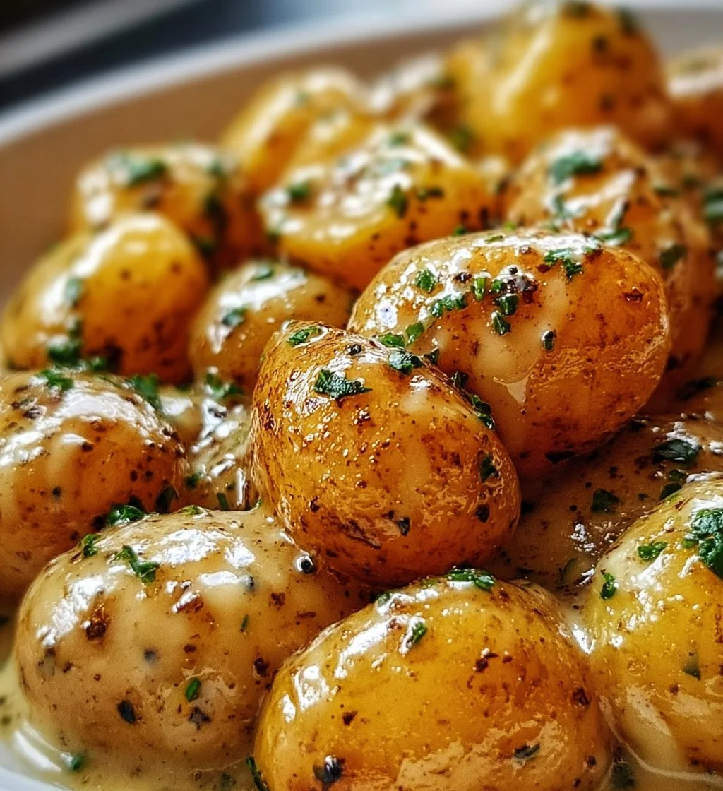 Delicious garlic sauce drizzled over roasted baby potatoes