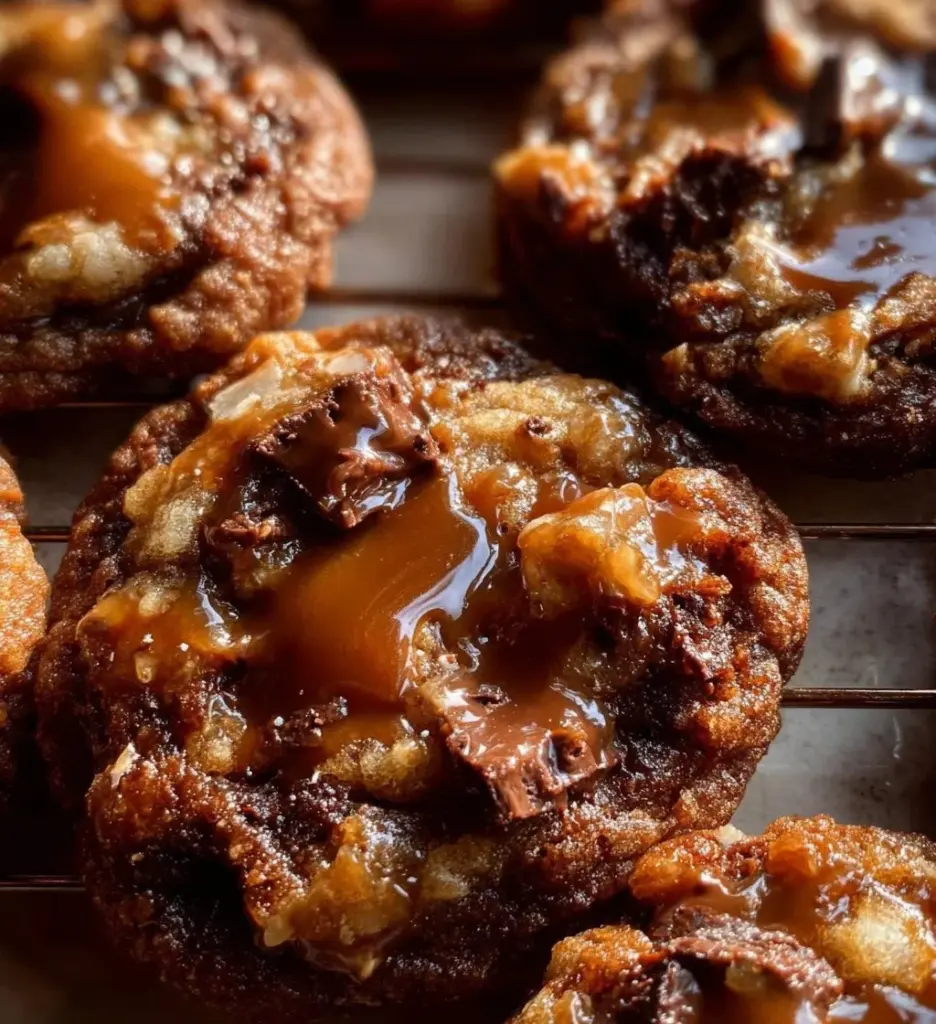 Delicious homemade German Chocolate Cookies with coconut and pecan topping