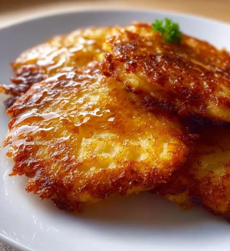 Golden brown German potato pancakes stacked on a plate