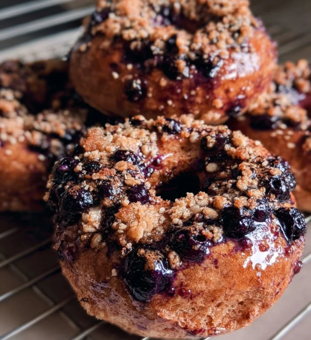 Greek Yogurt Blueberry Crunch Bagels with fresh blueberries and crunch topping