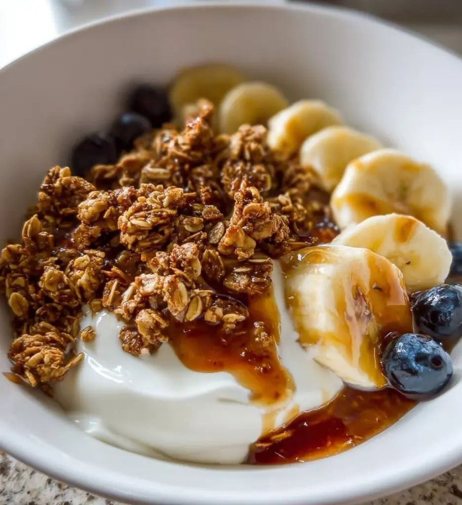 Greek yogurt granola bowl topped with fresh fruit and honey