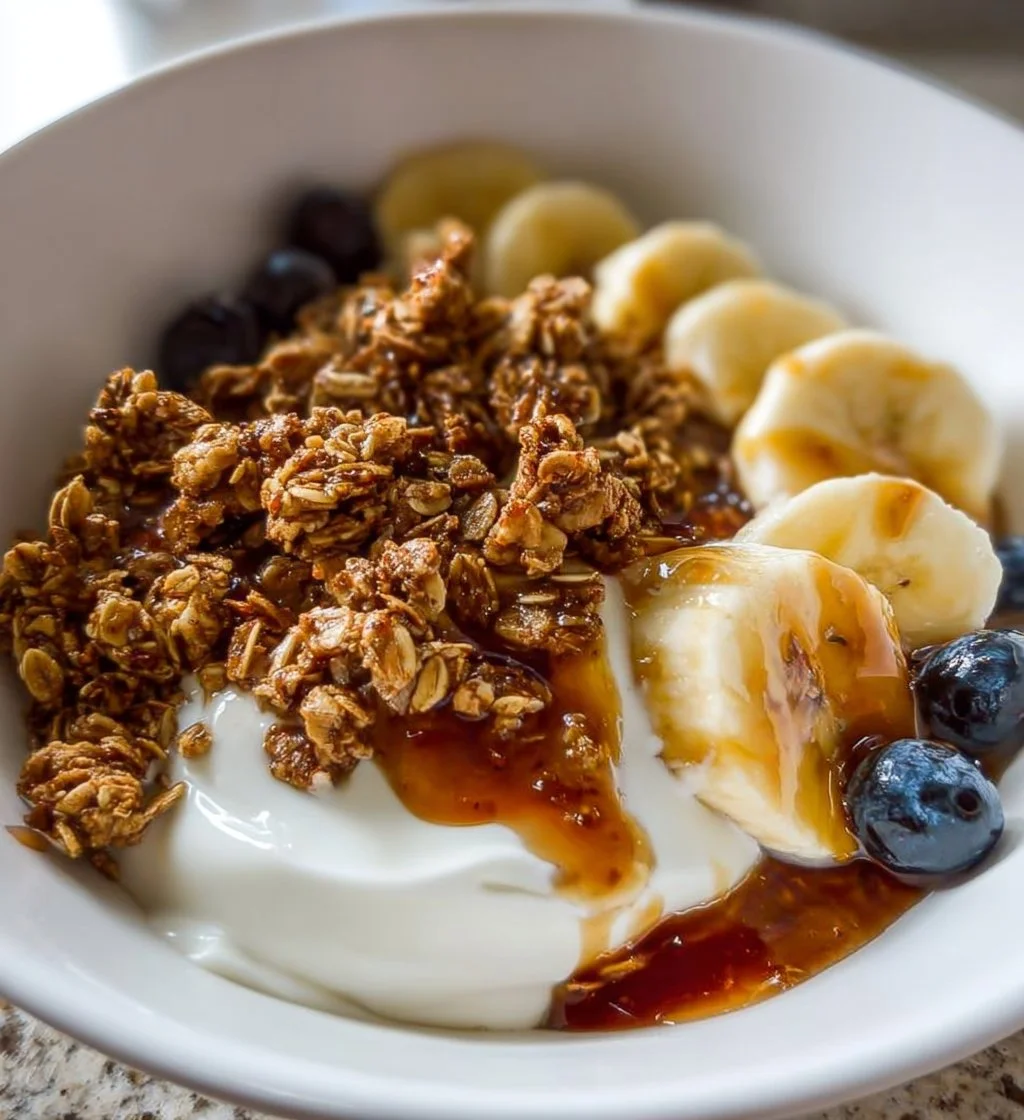 Greek yogurt granola bowl topped with fresh fruit and honey