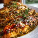 Greek yogurt marinated chicken breasts on a plate with fresh herbs