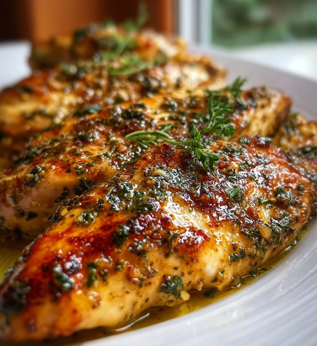 Greek yogurt marinated chicken breasts on a plate with fresh herbs