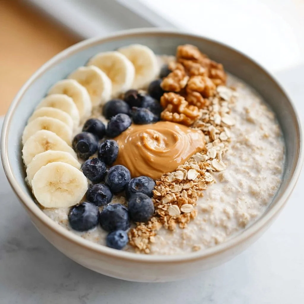 Bowl of Greek yogurt oatmeal topped with fresh fruits and nuts.