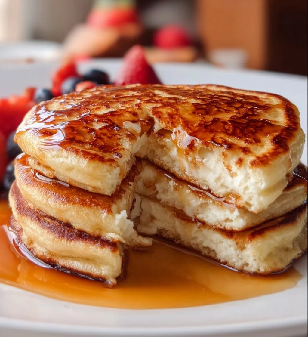 Fluffy Greek Yogurt Pancakes stacked on a plate with fresh fruit