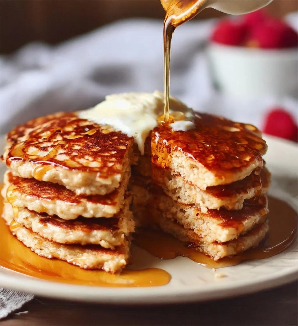 Delicious Greek yogurt protein pancakes stacked with syrup and berries
