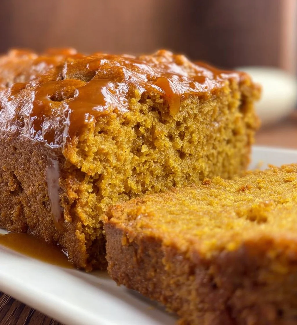 Slice of Greek Yogurt Pumpkin Bread on a wooden cutting board