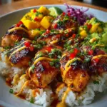 Grilled maple sriracha chicken bites served with coconut rice and mango avocado salsa